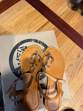 Pierre Dumas Tan T-Strap Sandals with Silver Accent